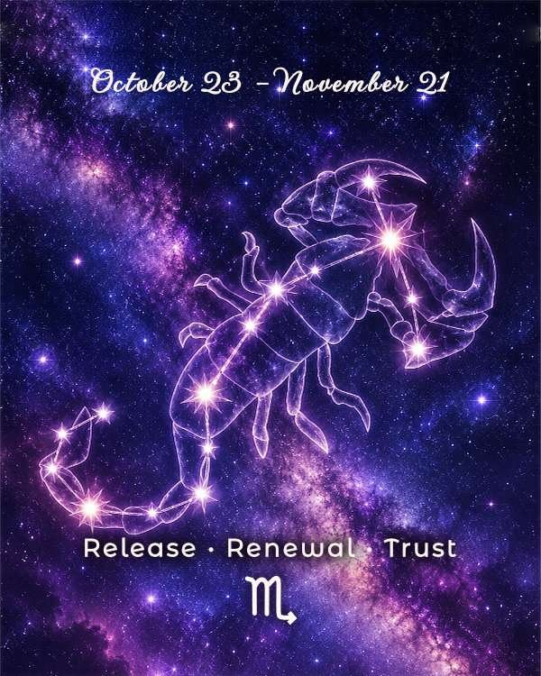Scorpio constellation glowing in a purple celestial sky with the words Release, Renewal, Trust and the Scorpio zodiac dates.