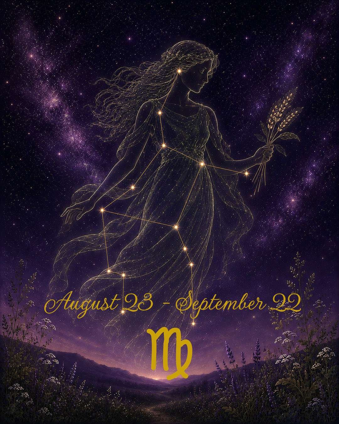 New Moon in Virgo guided meditation with celestial Virgo figure and constellation against a purple starry sky.