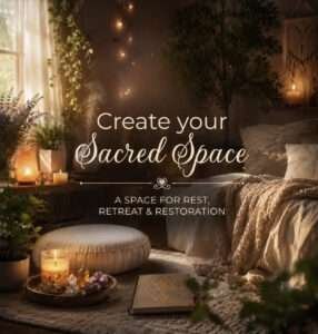 Cozy candlelit bedroom and meditation space with the words “Create Your Sacred Space — A Space for Rest, Retreat & Restoration.
