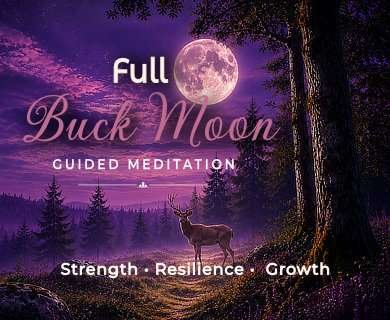 Full Buck Moon guided meditation featuring a buck beneath a glowing full moon in a purple forest landscape.