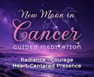 New Moon in Cancer guided meditation featuring a Cancer constellation over a purple ocean with a luminous pearl.