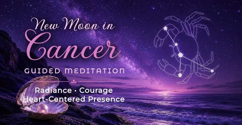 New Moon in Cancer guided meditation featuring a Cancer constellation over a purple ocean with a luminous pearl.