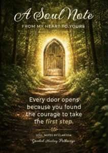 Glowing wooden door at the end of a forest path, illustrating courage and taking the first step.