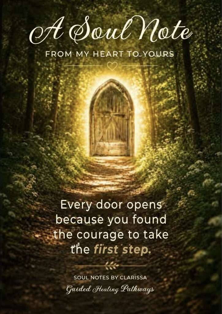 Glowing wooden door at the end of a forest path, illustrating courage and taking the first step.