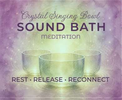 Illustration of crystal singing bowls surrounded by soft glowing light and gentle ripples symbolizing sound healing and meditation.