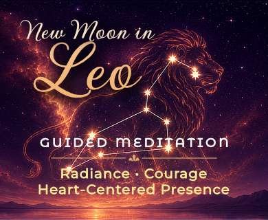 Illustration of the Leo Constellation over a fiery sunset, symbolizing Radiance, Courage, and Heart Centered Presence.