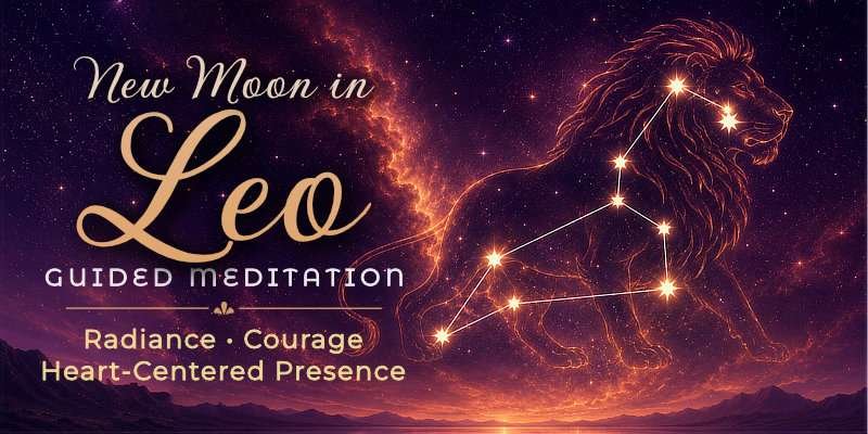 Illustration of the Leo Constellation over a fiery sunset, symbolizing Radiance, Courage, and Heart Centered Presence.