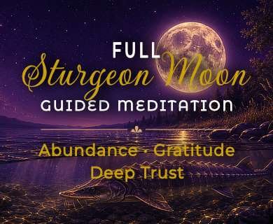 Illustration of the Full Sturgeon Moon over a peaceful lake, symbolizing gratitude, abundance, and deep trust.