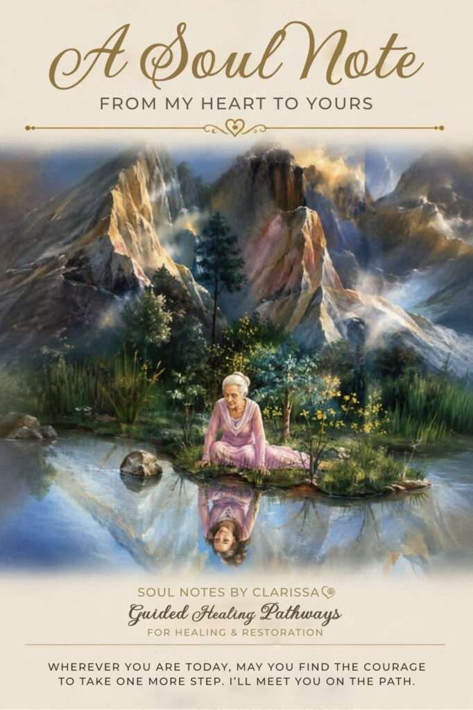 Older woman beside a mountain pool seeing her younger self reflected in the water, illustrating a Soul Note about aging, wisdom, and wonder.