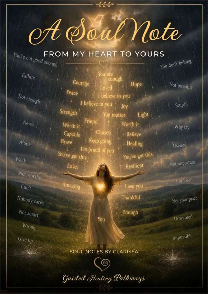 Illustration of a woman standing in light with uplifting words surrounding her while negative words fade into the background, symbolizing choosing life-giving words and releasing those that do not belong.