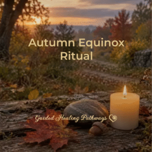 Autumn Equinox ritual scene with a lit candle, stone, fallen leaf, and acorn resting on a weathered wooden surface at sunset.
