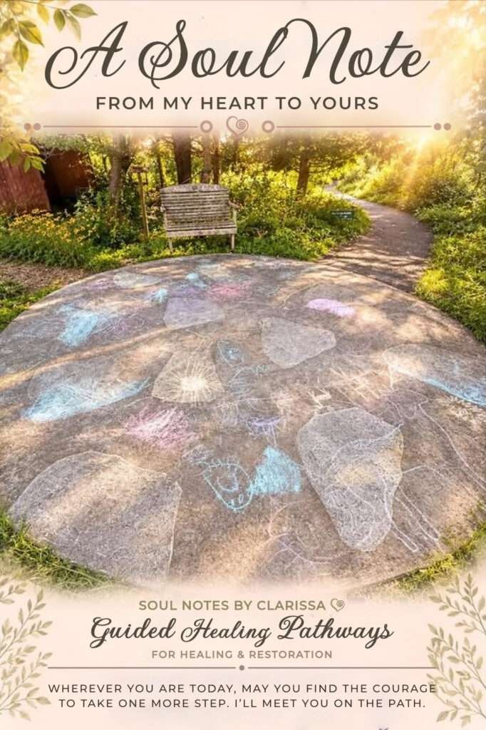 Colorful children’s chalk drawings on a sunlit path, accompanying a Soul Note about play, creativity, and finding joy without needing a purpose.