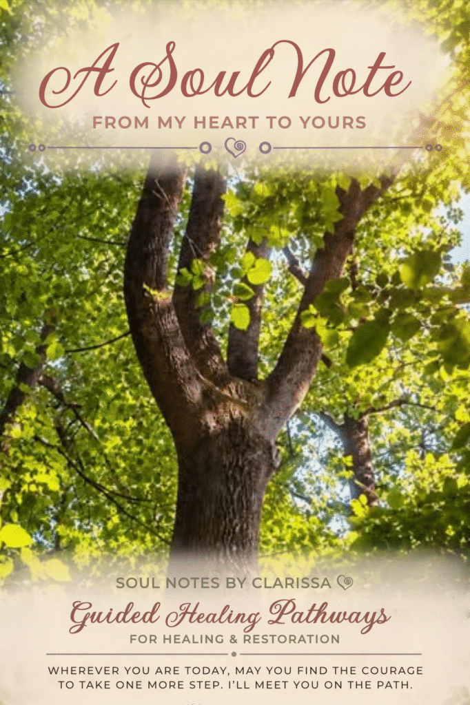 Sunlight shining through the canopy of a tall tree reaching toward the sky, accompanying a Soul Note about grounding, balance, and growth.