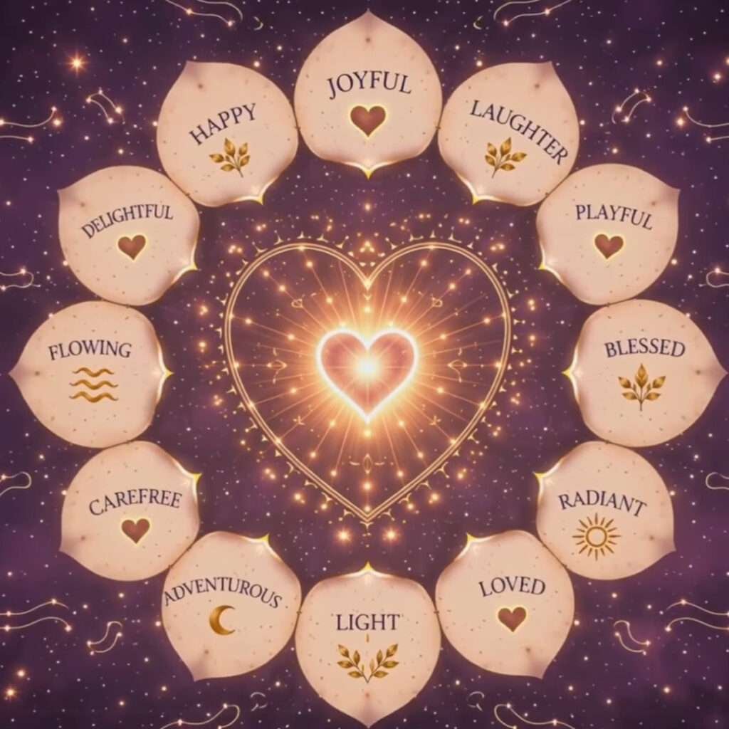 Glowing heart surrounded by petals with words of joy, including joyful, laughter, playful, blessed, radiant, loved, light, adventurous, carefree, and flowing.