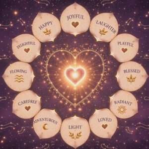 Glowing heart surrounded by petals with words of joy, including joyful, laughter, playful, blessed, radiant, loved, light, adventurous, carefree, and flowing.