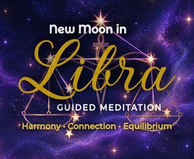 New Moon in Libra guided meditation graphic with the Libra constellation and scales against a purple night sky.