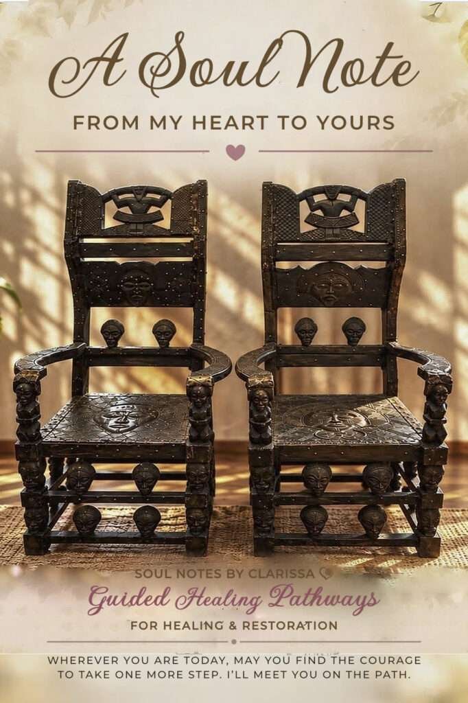Two intricately carved dark wooden ceremonial chairs standing side by side, decorated with ancestral faces and traditional motifs.