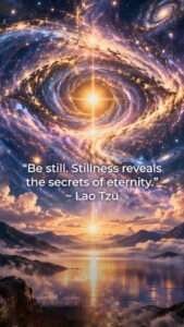 Luminous spiral galaxy above a peaceful mountain lake at sunrise, with a quotation about stillness attributed to Lao Tzu.