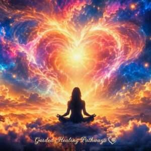Silhouette of a woman meditating above the clouds beneath a radiant heart formed from golden, pink, and violet light against a cosmic sky.