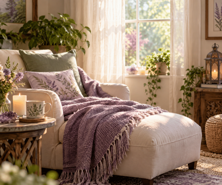 A peaceful, sunlit room with a comfortable chaise lounge, lavender blanket, soft pillows, and plants, creating a welcoming space for Remote Reiki at home.