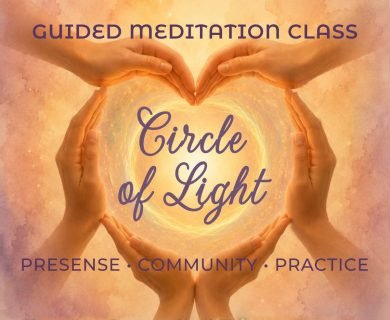 Illustration of six hands forming a heart around a glowing circle of light representing community and guided meditation.