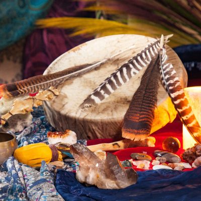 Spiritual Energy Healing tools-Shaman Drum, Crystals, Tibetan singing bowl.