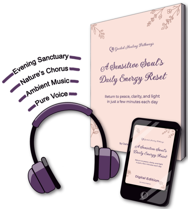 Illustration depicting the contents of an offered bundle showing a guide a phone, and a set of headphones with soundwaves emanating from them each with a title, Pure Voice, Nature's Chorus, Ambient Music, and Evening Sanctuary.